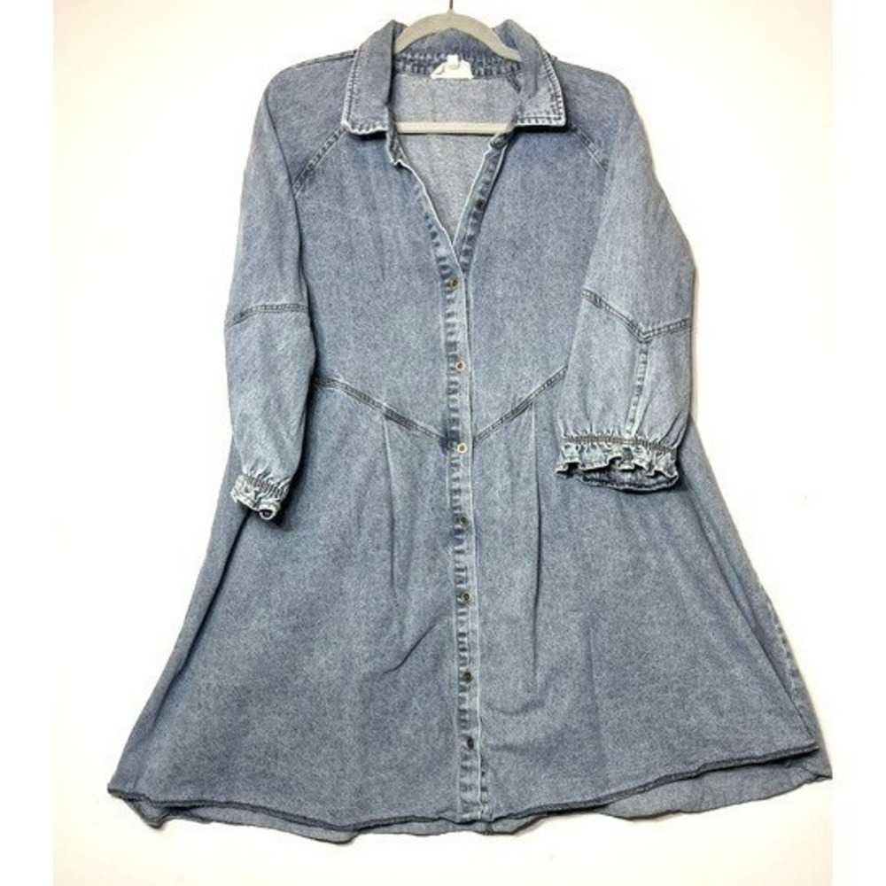 Umgee Denim Dress Womens Large Light Wash Button Down Pleated Long Sleeve J4226